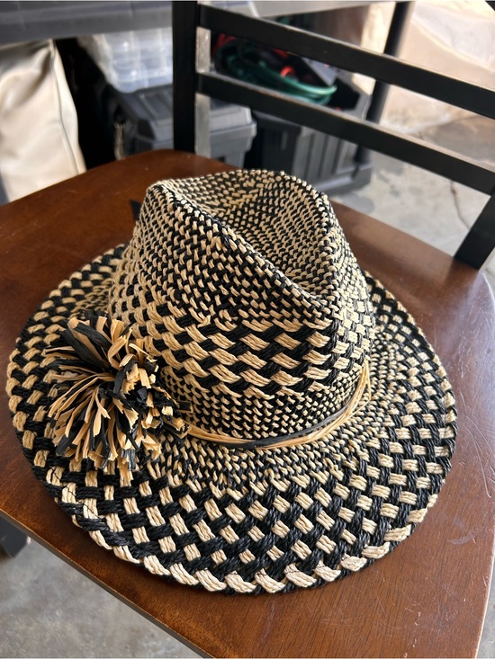 Accessories - Woven Straw Fedora Hat in Black & Natural with Pom Trim